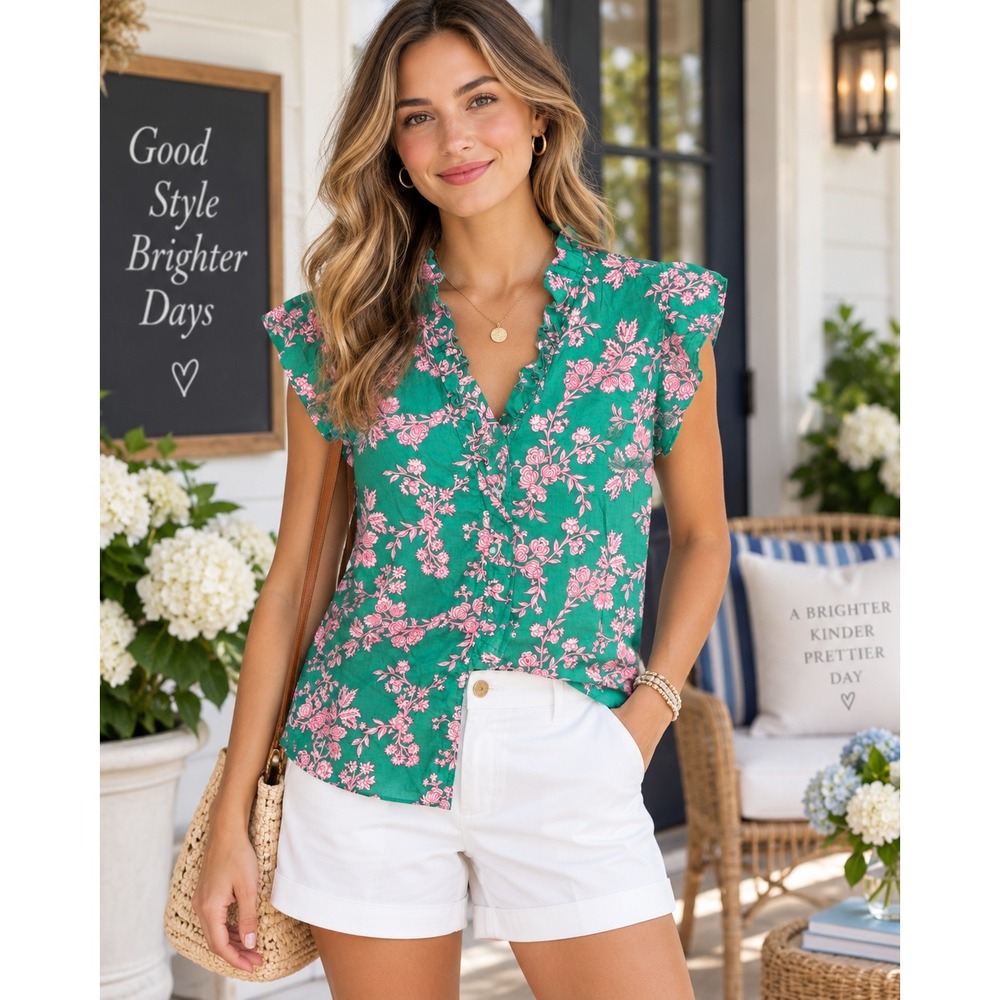 J.Crew Womens Green Pink Floral Ruffle Cap Sleeve V-Neck Cotton Blouse XS